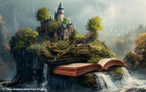 Märchenschloss auf einer Insel mit einem Buch im Vordergrund